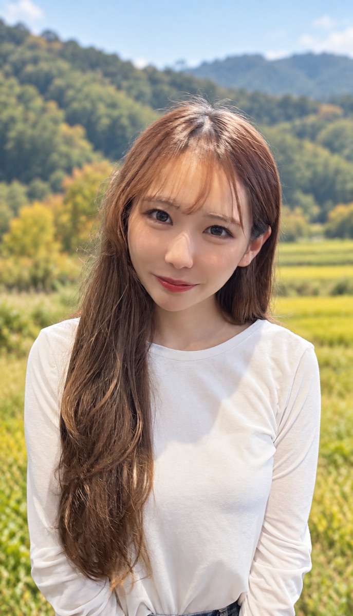 飯南町の田園で微笑む坂本有希奈さん